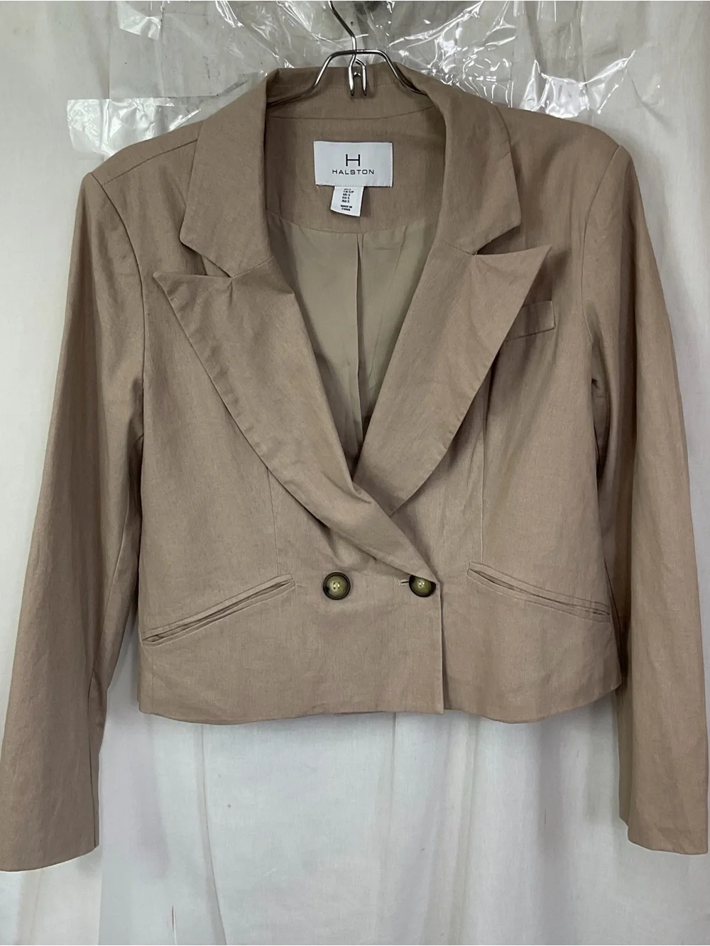 H by Halston Women's Tan Notch Collar Linen Blend Cropped Blazer Jacket Size S